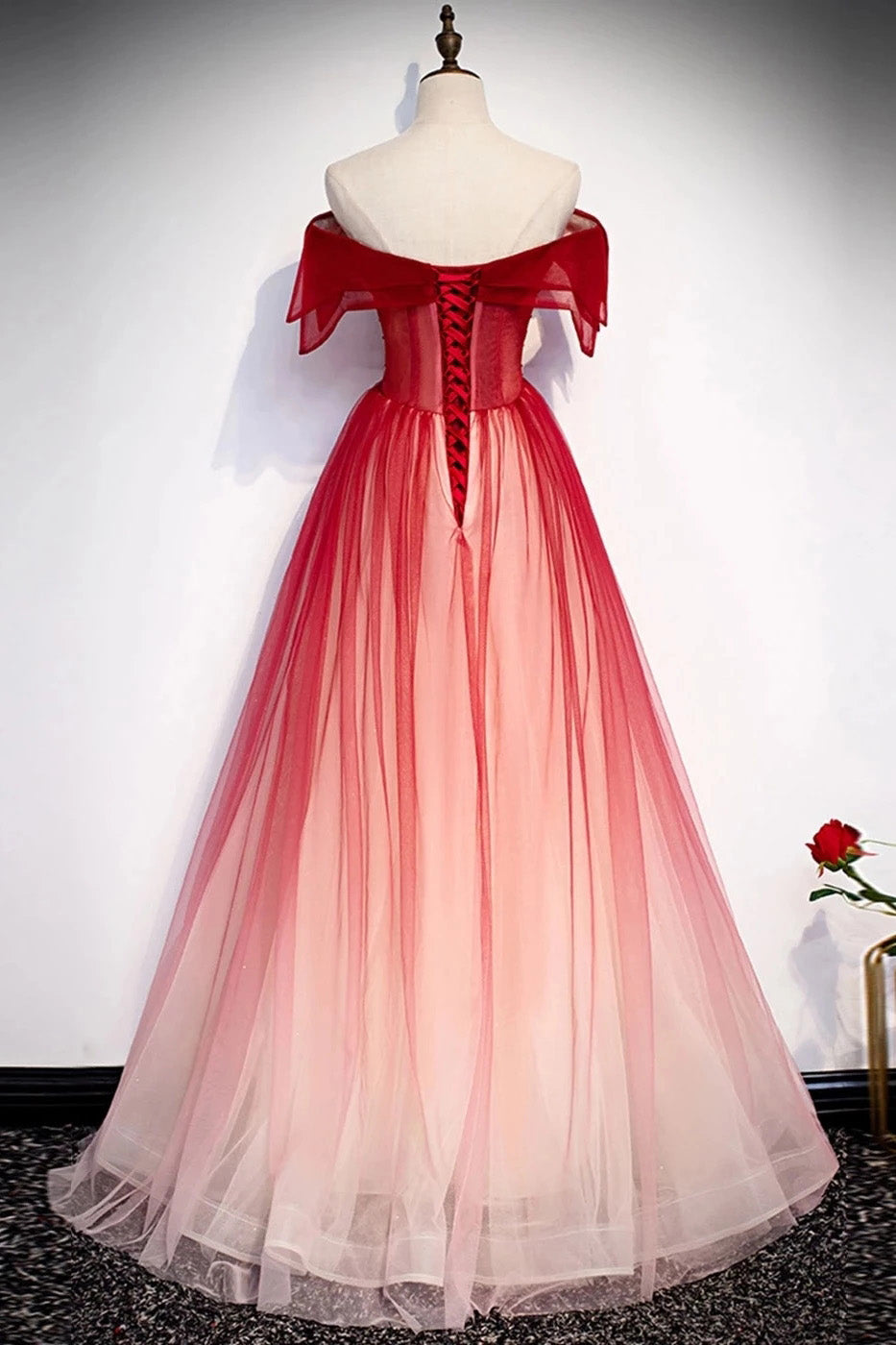 Princess Off-Shoulder Tulle Red Long Prom Dresses Lace Up Party Gown M961