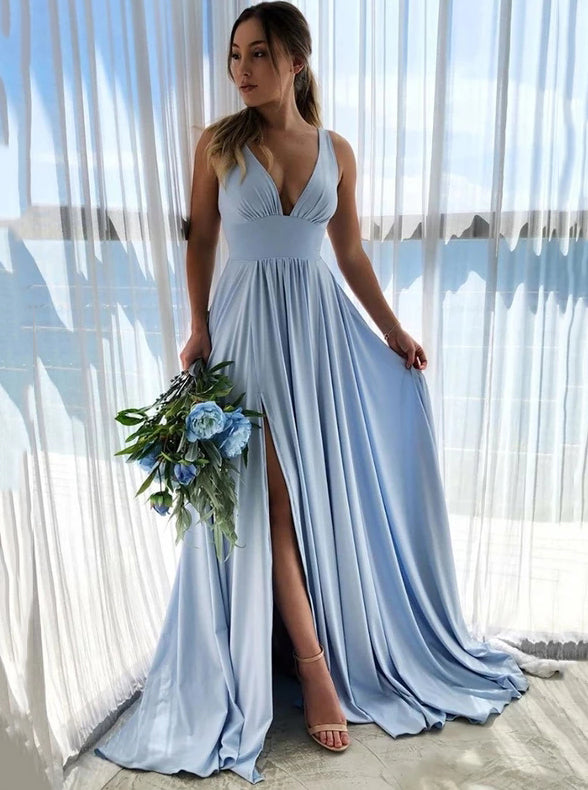 Simple V-neck Blue Long Prom Dress, Chiffon Bridesmaid Dress With Split OP890