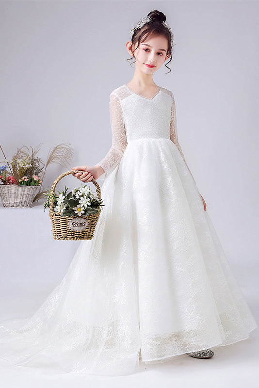 A-Line Elegant Long Sleeves Lace Flower Girl Dress With Bowknot