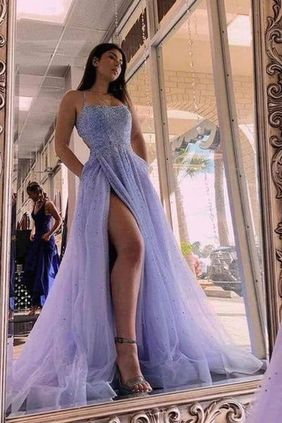 A-Line Beaded Long Tulle Prom Dresses Formal Evening Dresses with Slit