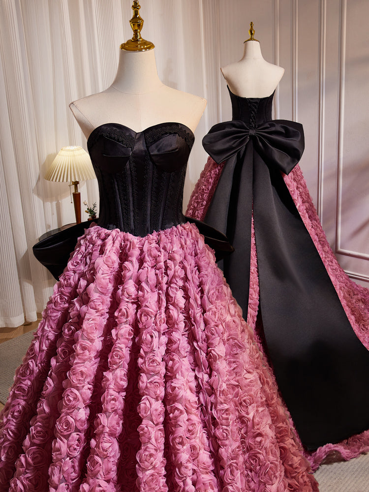 Black Pink Bow Tie Hepburn Style Flower Long Prom Dresses