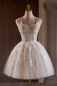 Beading Tulle Cute Spaghetti Straps Homecoming Dresses with Pearls