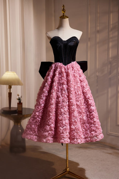 Hepburn Style Strapless Black Pink Tea Length Prom Dresses