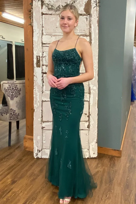 Mermaid Straps Green Backless Lace Long Prom Dress