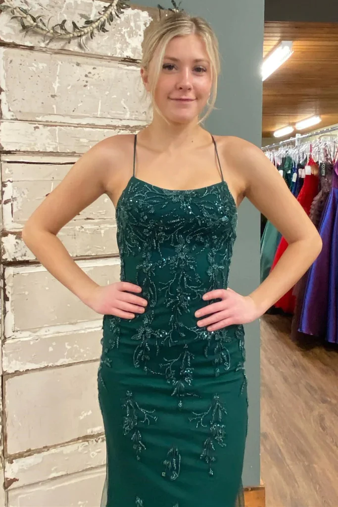 Mermaid Straps Green Backless Lace Long Prom Dress