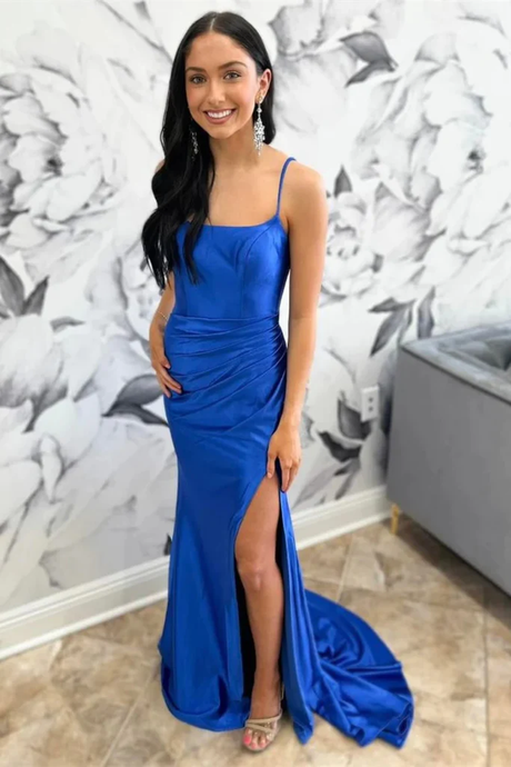 Mermaid Straps Royal Blue Long Prom Dress with High Slit