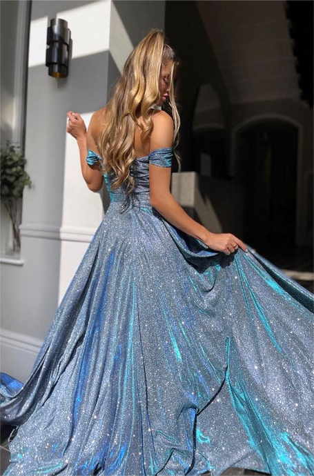 Off-the-shoulder Sparkly Long Prom Dress with Split