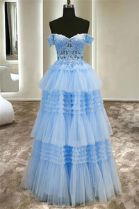 Off the Shoulder Blue Lace Appliques Long Tulle Prom Dress