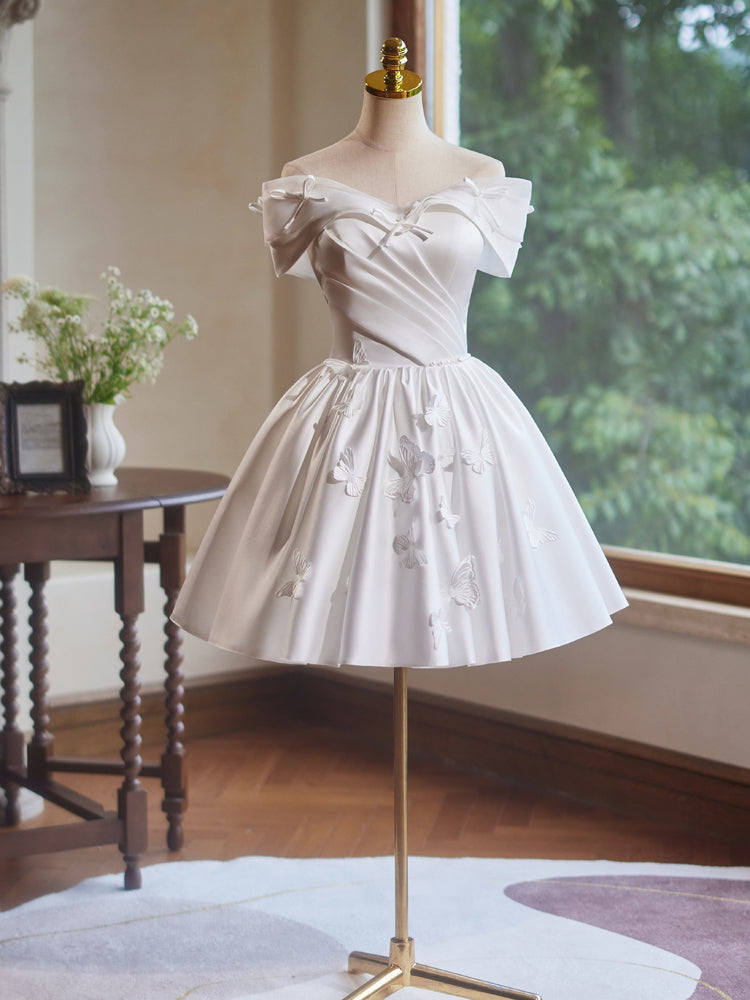 Satin Off-The-Shoulder Short Homecoming Dresses with Butterfly and Bow Appliques