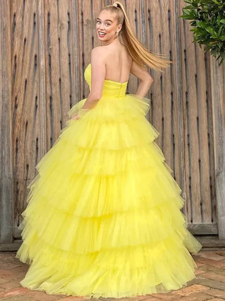 Yellow Sweetheart Layered Long Tulle Prom Dress