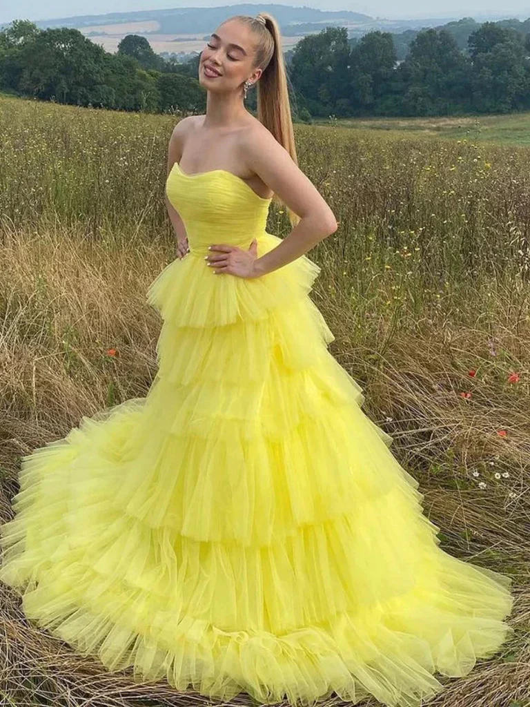 Yellow Sweetheart Layered Long Tulle Prom Dress