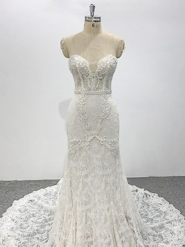 Strapless Ivory Delicate Sleeveless Lace Bridal Gown