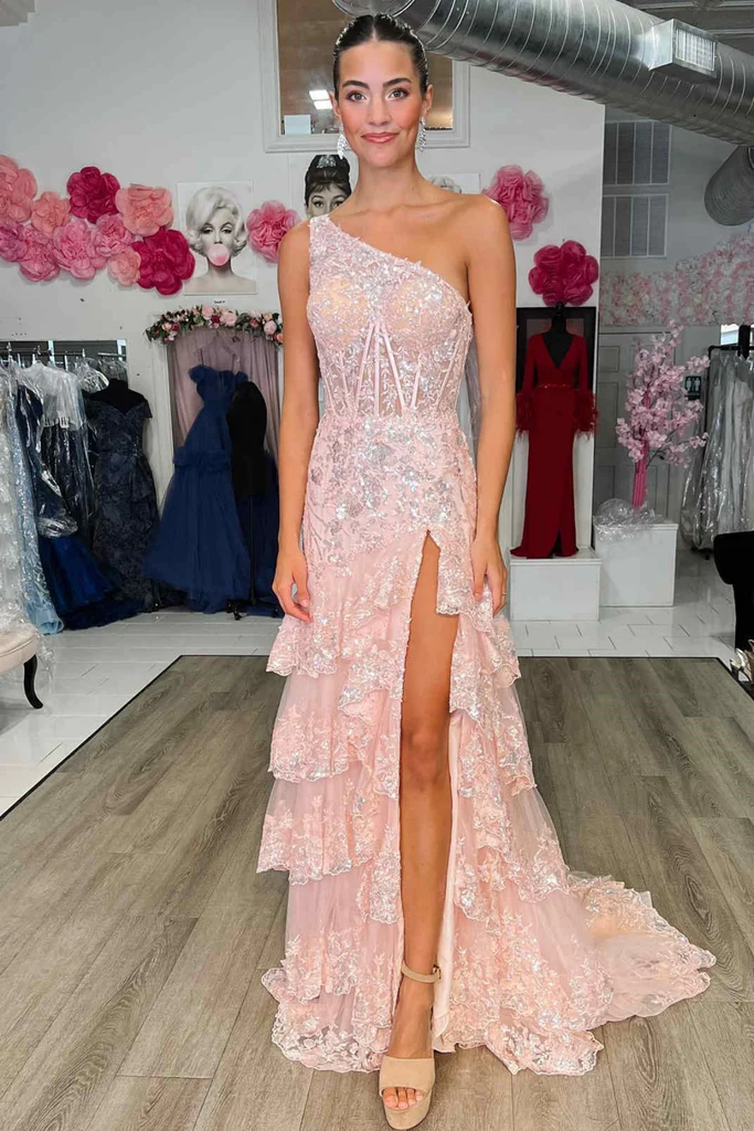 One Shoulder Layered Lace Long Prom Dress with High Slit