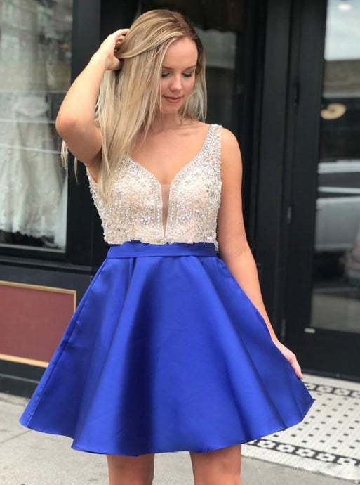 Royal Blue Homecoming Dresses V Neck Beaded Short Prom Dress OM343