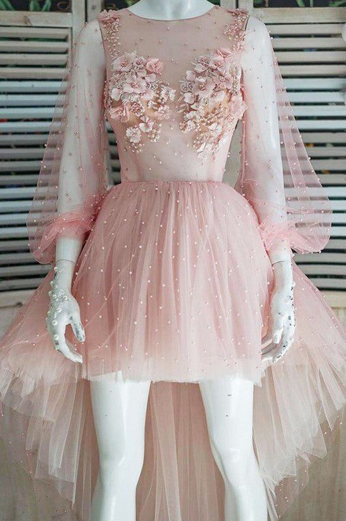 Princess Puff Sleeves Hi-Lo Appliques Pink Homecoming Dress With Pearls OM356