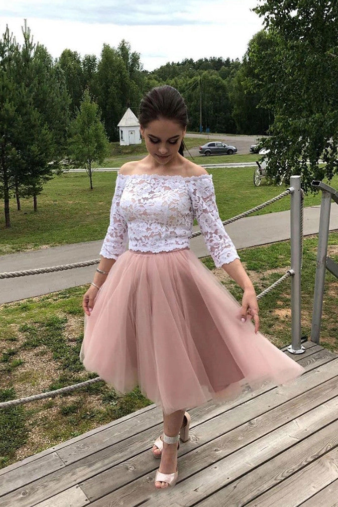 3/4 Sleeves Off-Shoulder Lace Prom Dress Homecoming Dress OM360