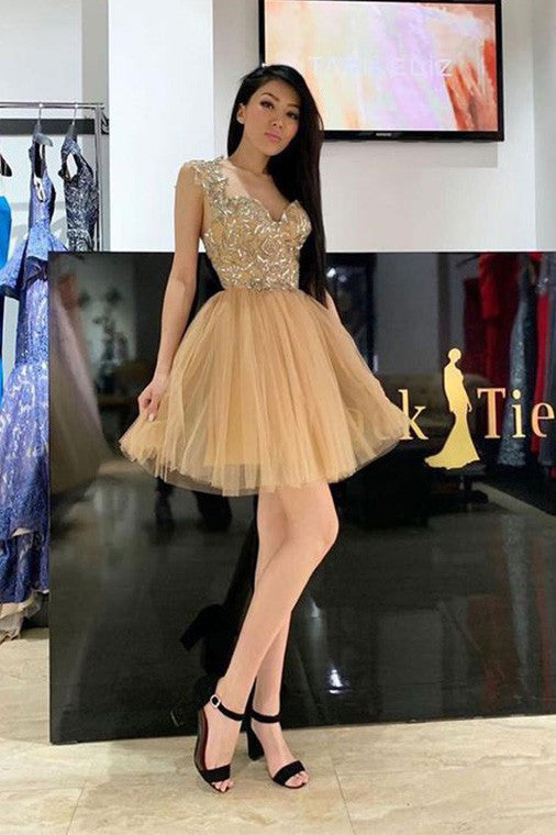 A Line Tulle Short Prom Homecoming Dresses With Appliques OM348