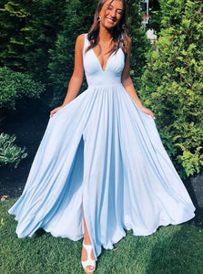 Simple V-neck Blue Long Prom Dress, Chiffon Bridesmaid Dress With Split OP890