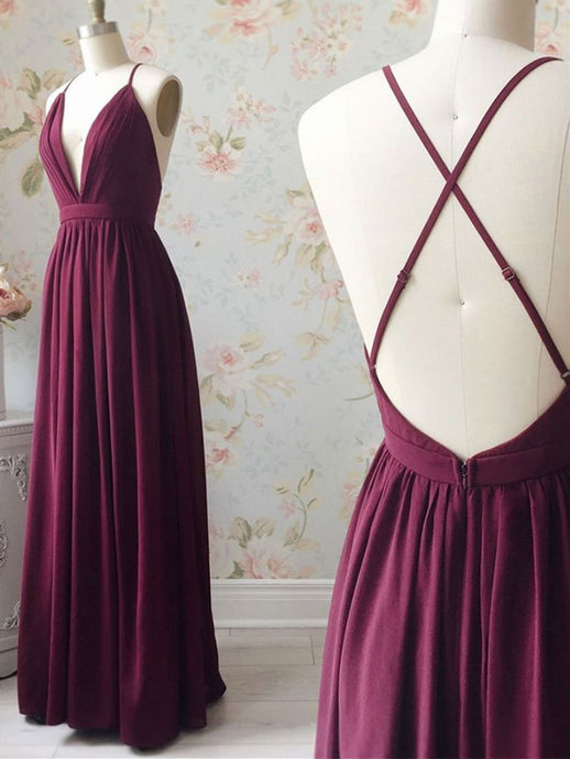 Simple V-Neck Burgundy Backless Long Prom Dress Bridesmaid Dress