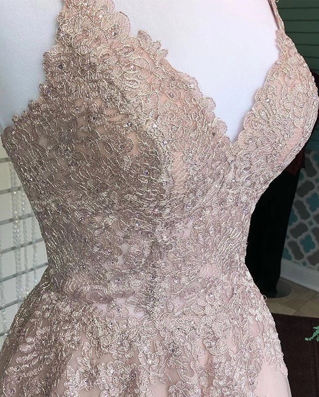 A-line Spaghetti-straps V Neck Homecoming Dress, Lace Short Prom Dress OM363