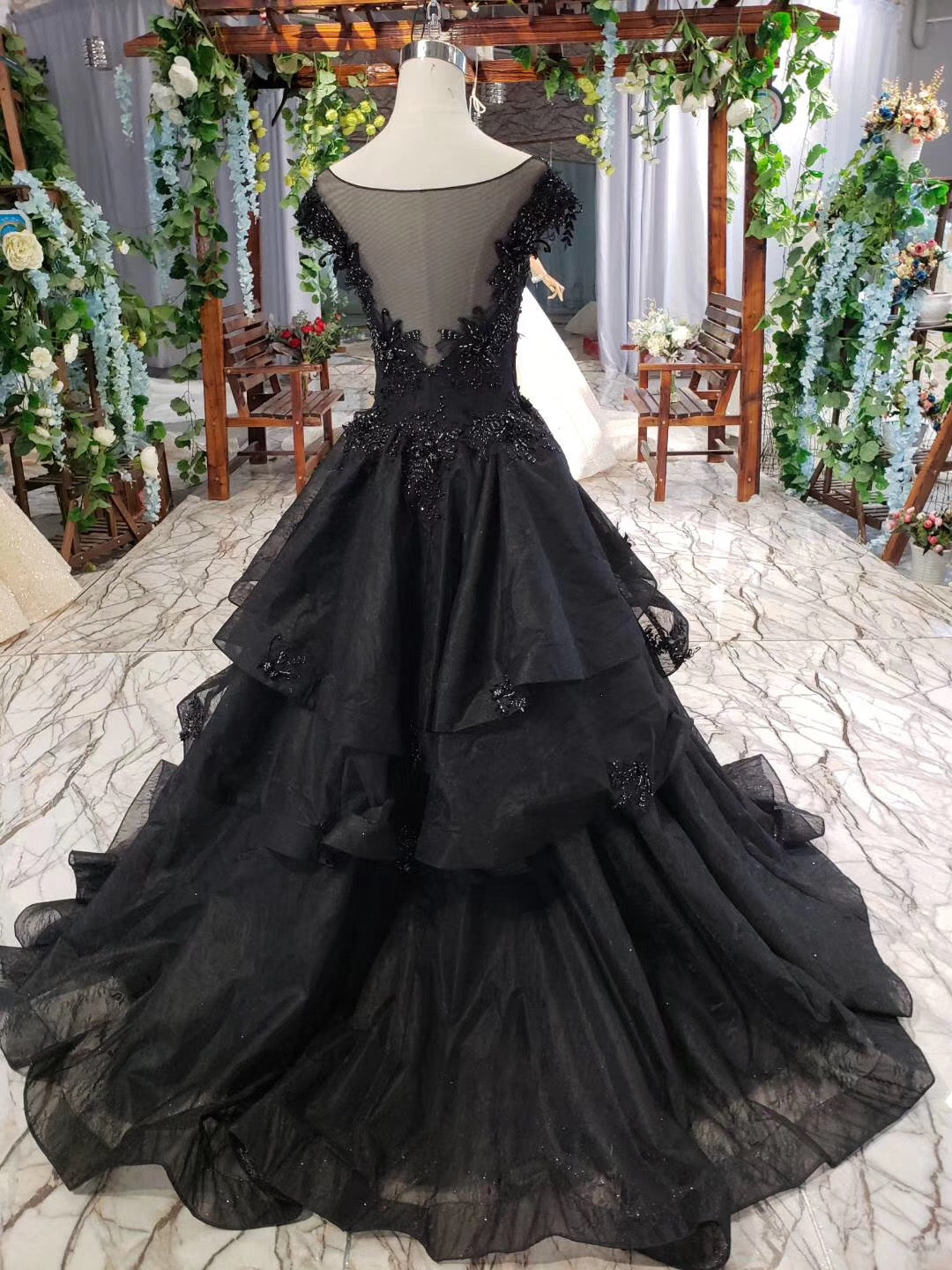 Elegant Sheer Scoop Long Prom Dress Beaded Black Pageant Evening Dress OP902