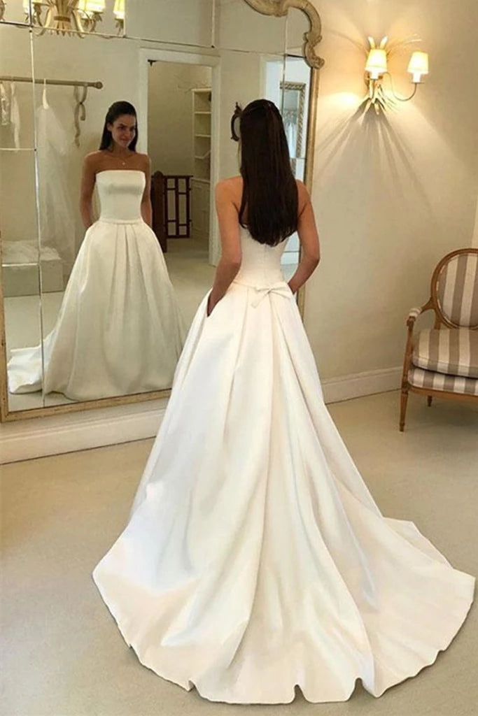 Simple Satin Strapless Wedding Dresses, Long Bridal Dress with Pockets OW506