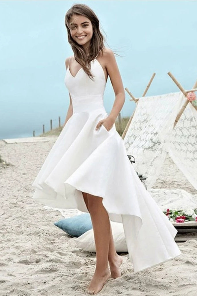 V Neck High Low Beach Wedding Dresses, Backless Bridal Dress With Pockets OW508