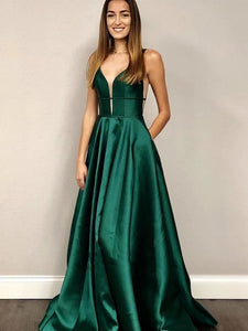 V Neck Emerald Green A-line Formal Prom Dresses With Pockets PO001
