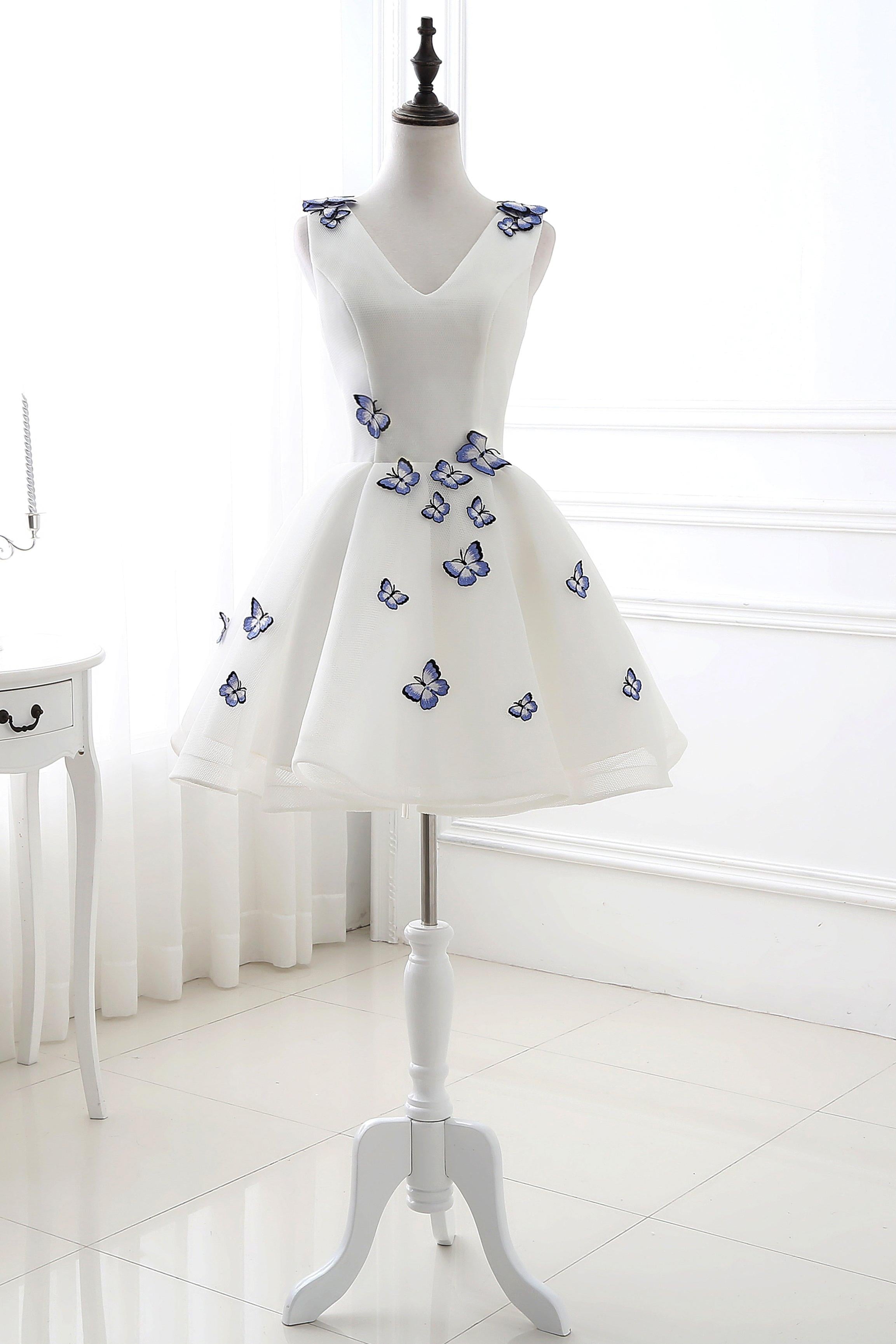 Elegant Sleeveless V-Neck White Homecoming Dress With Blue Butterflies Short Prom Dress AS12426
