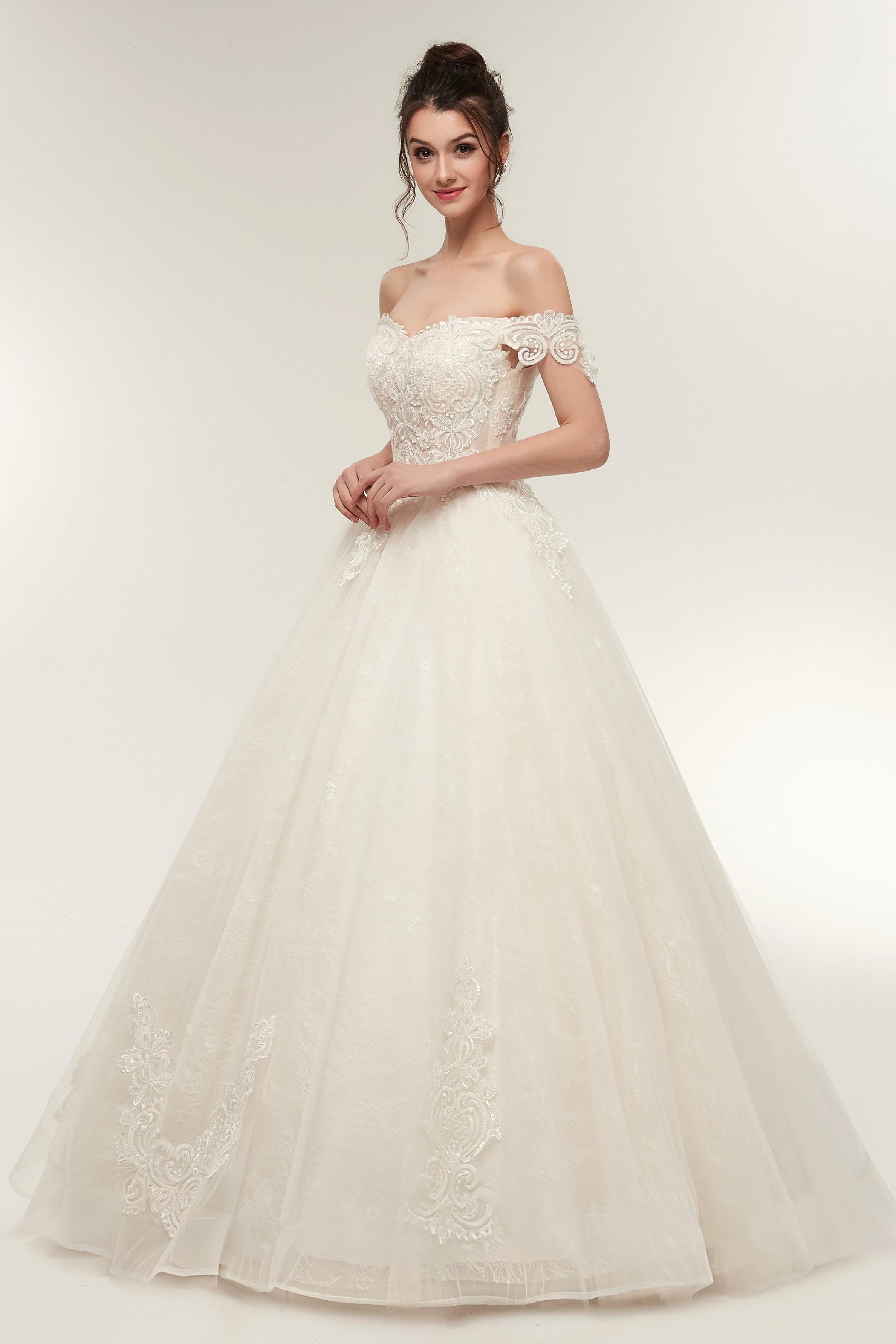 Elegant Off-Shoulder Light Champagne A-line Floor Length Lace Tulle Wedding Dresses Bridal Dress AS50638