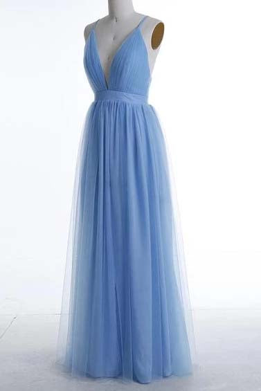 Sexy Boho Blue Bridesmaid Dresses, A-line Ruched Backless Prom Dresses OB279