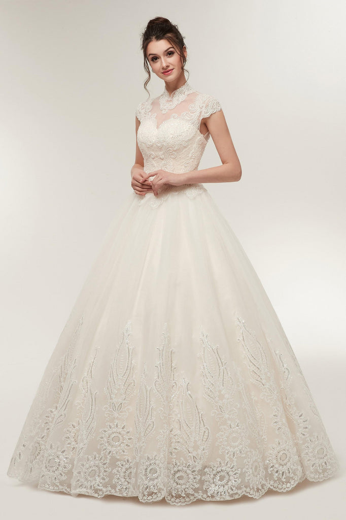 High Neck Light Champagne Appliques Elegant Lace Tulle Wedding Dresses AS50639