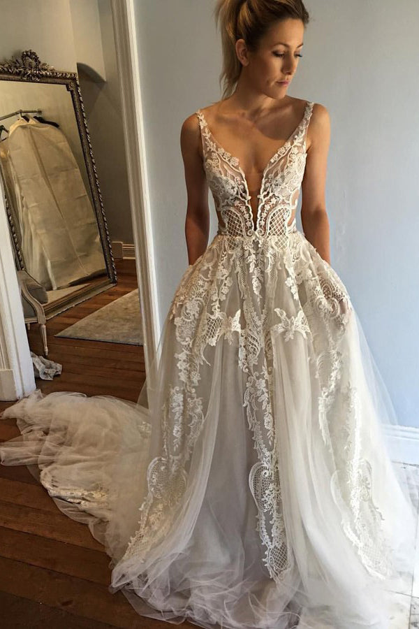 A-line Deep V-Neck Lace Appliques Wedding Dress With Pockets OW430