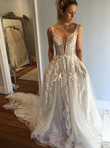 A-line Deep V-Neck Lace Appliques Wedding Dress With Pockets OW430