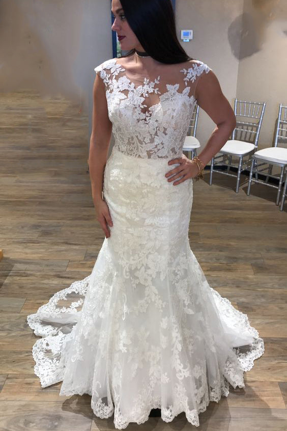 Mermaid Crew Neck Cap Sleeves Wedding Dress With Appliques OW477