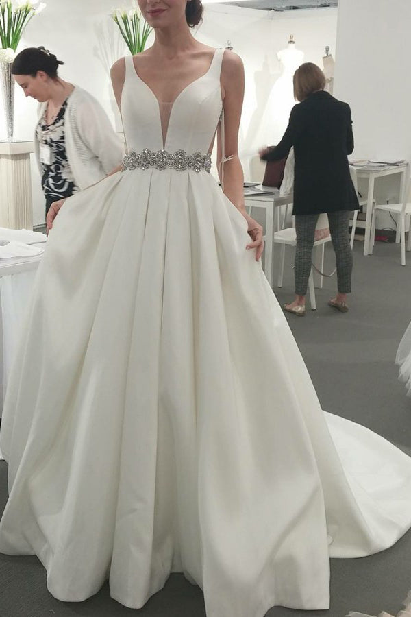 A-Line V-Neck Open Back Beading Satin Wedding Dress With Pockets OW479
