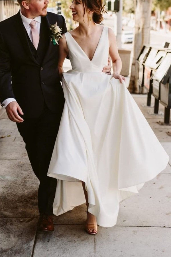 Simple Modern A-Line V-Neck Satin Wedding Dress Bridal Gown OW451