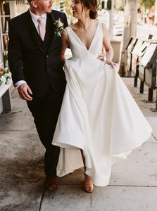 Simple Modern A-Line V-Neck Satin Wedding Dress Bridal Gown OW451