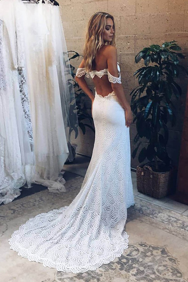 Mermaid Off-the-Shoulder Backless Lace Wedding Dress with Split W1124