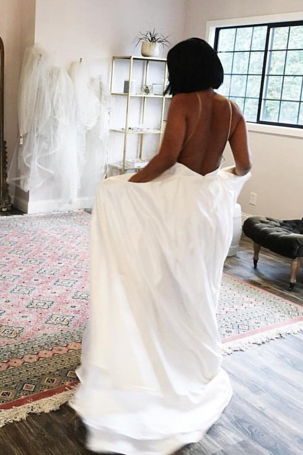 Simple Spaghetti Straps Satin Backless Wedding Dress with Pockets OW494