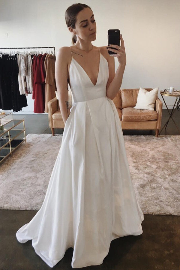 Simple Spaghetti Straps Backless Satin Wedding Dress with Pockets