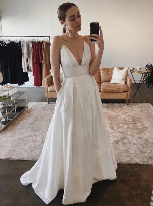Simple Spaghetti Straps Satin Backless Wedding Dress with Pockets OW494