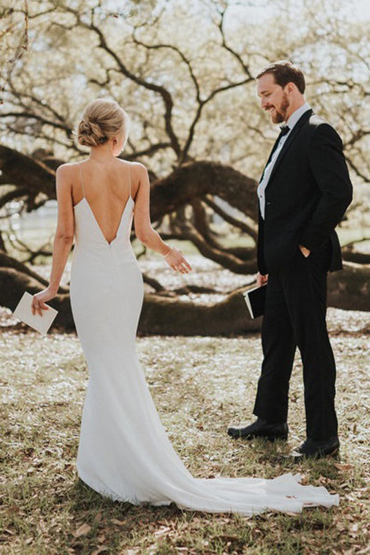 Simple Bridal Gown Mermaid Spaghetti Straps Backless Wedding Dress OW460