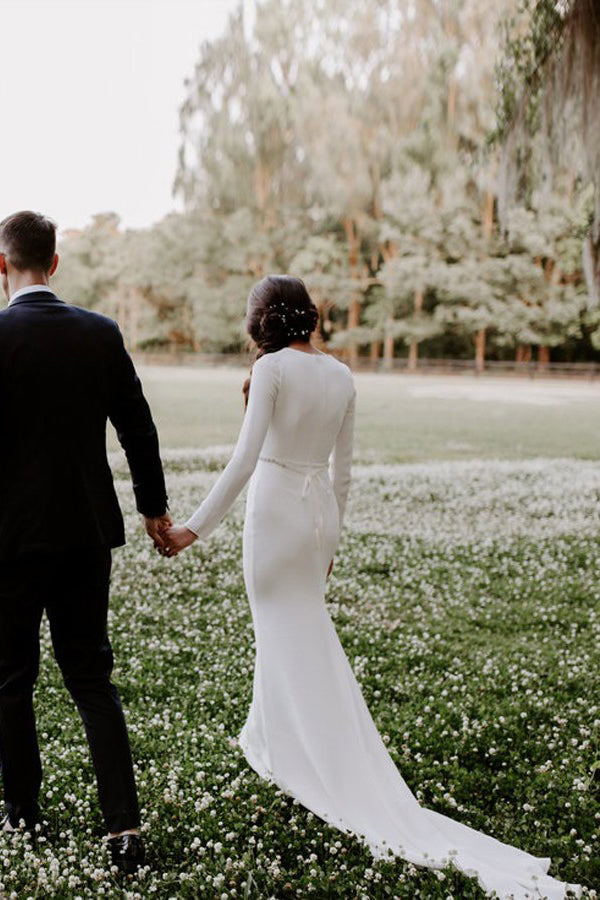 Modest Deep V-Neck Beading Long Sleeves Wedding Dress OW462