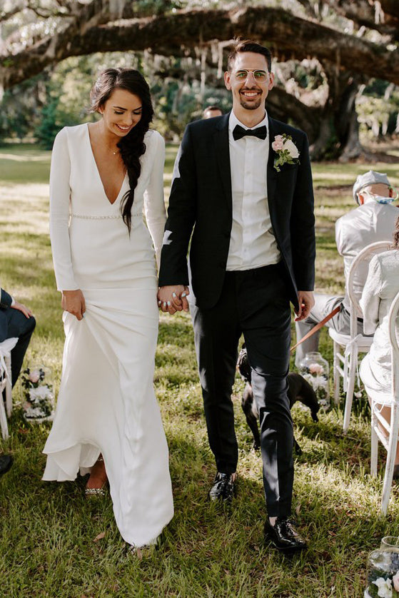 Modest Deep V-Neck Beading Long Sleeves Wedding Dress OW462