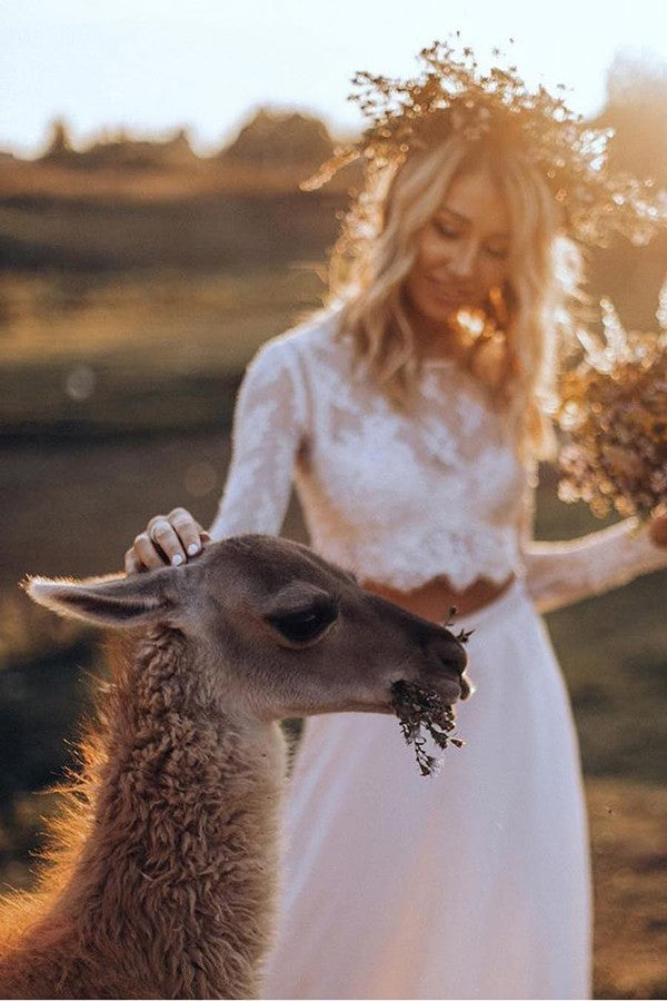 Boho Two Piece Beach Wedding Dress Lace long Sleeves Bridal Gown OW586