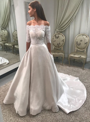A-Line Off-Shoulder Half Sleeves Satin Wedding Dress With Pockets
