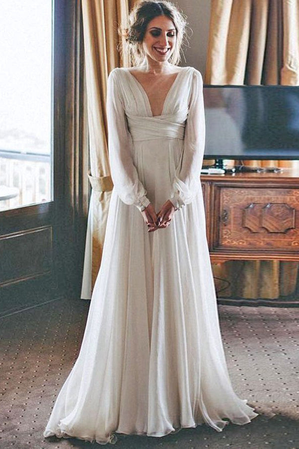 Elegant V-Neck Chiffon Beach Wedding Dress With Long Sleeves OW605