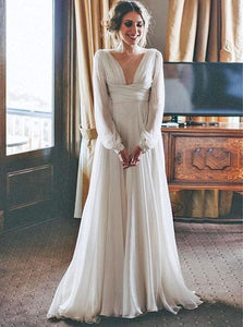 Elegant V-Neck Chiffon Beach Wedding Dress With Long Sleeves OW605