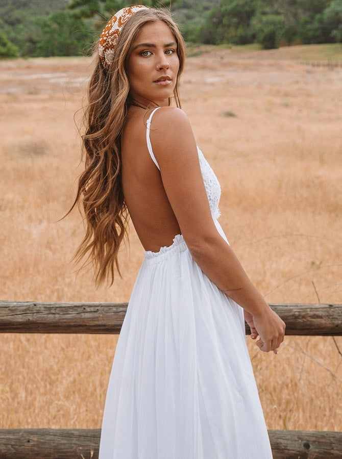 Spaghetti Straps Chiffon Backless Wedding Dress, A-Line Beach Bridal Gown OWS604